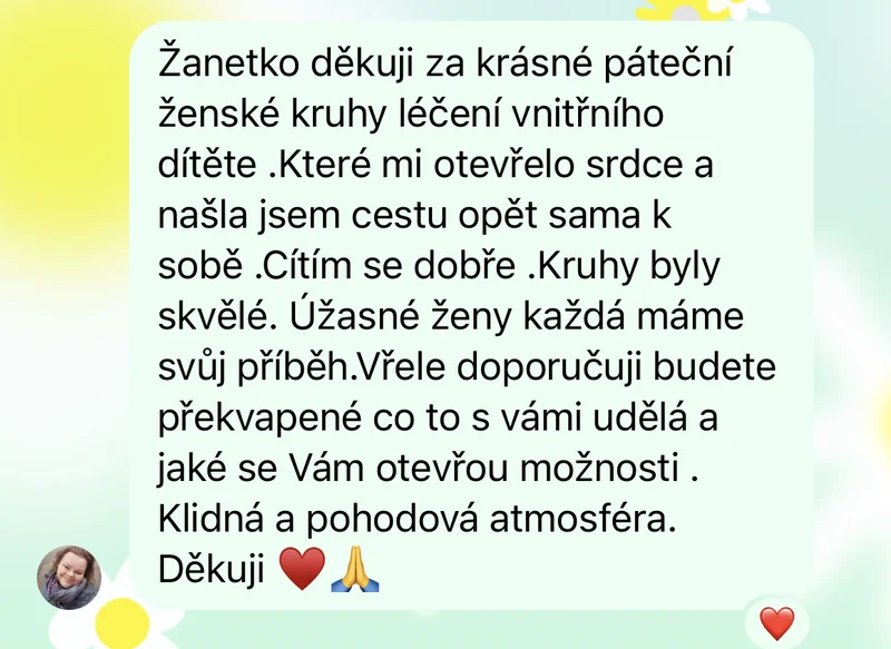Recenze klientky ženských kruhů – léčení vnitřního dítěte, otevřené srdce, návrat k sobě