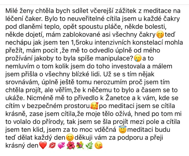 Reference – meditace na léčení čaker v Online klubu Přepis rodového otisku Žanetky Prejdové