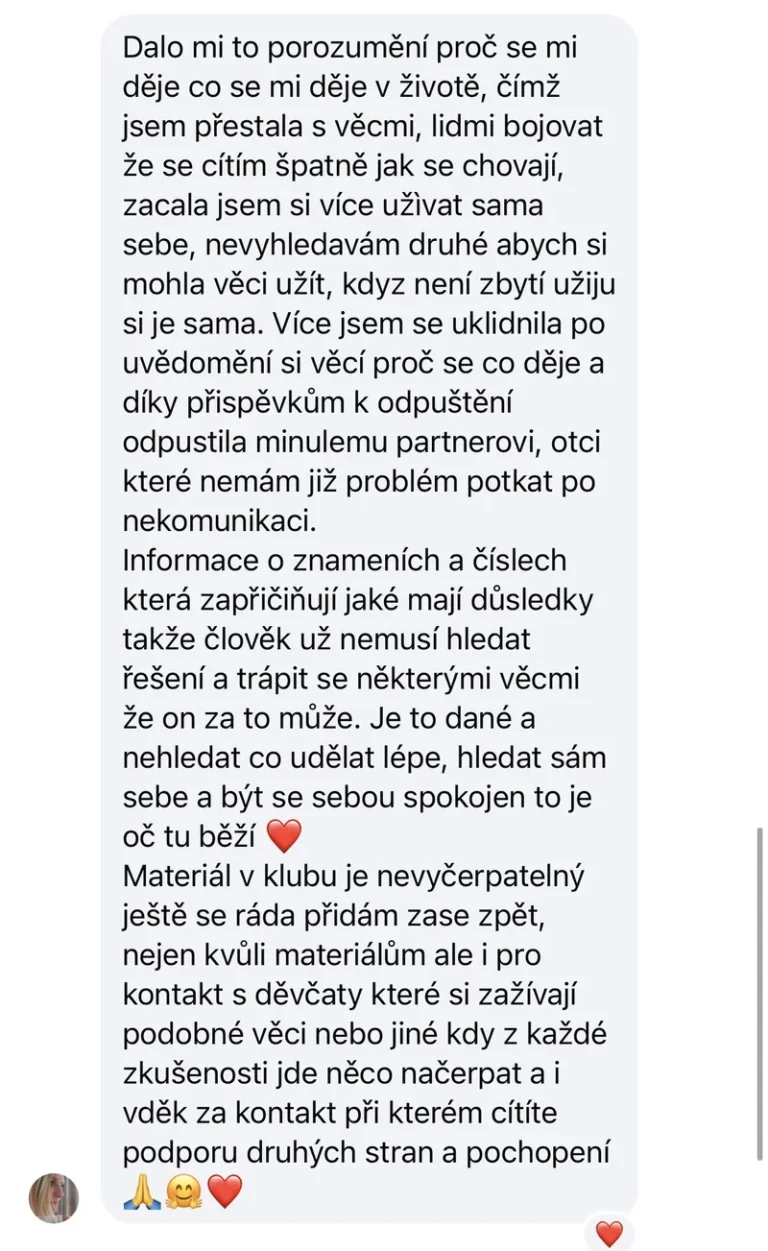 Recenze klientky Online klubu Přepis rodového otisku – znamení, čísla, podpora ženské skupiny