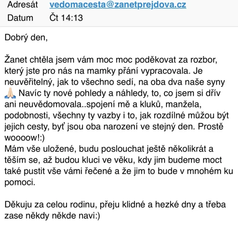 Recenze klientky karmalogického rozboru – rozbor synů narozených ve stejný den, rodinné vazby, mateřství