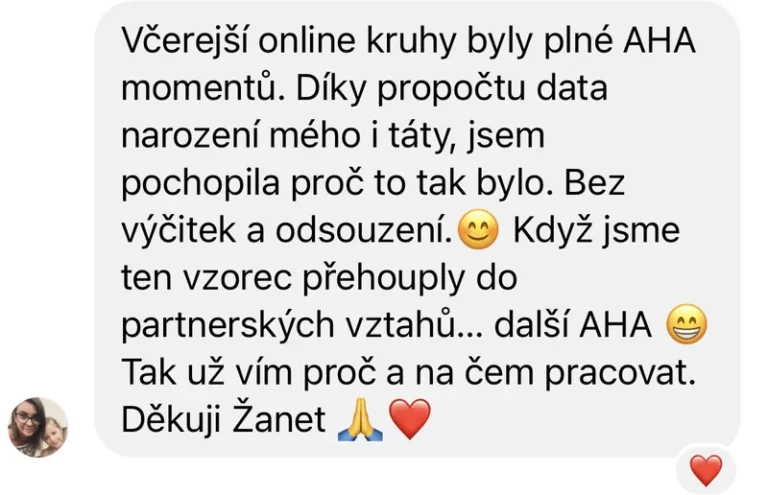 Recenze klientky ženských kruhů – propočet data narození, vzorec vůči tátovi, partnerské vztahy, AHA momenty