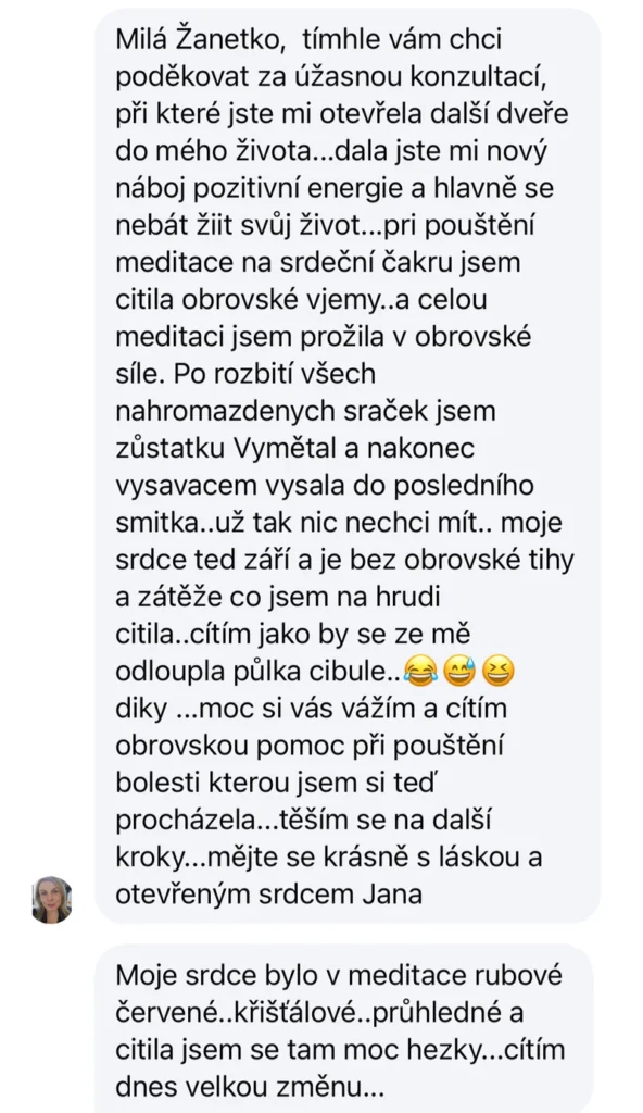 Recenze klientky léčivé meditace – meditace na srdeční čakru, vymetení nahromaděné zátěže, srdce září
