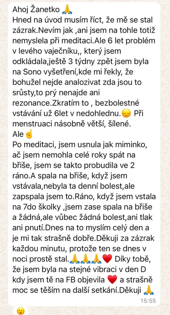 Recenze klientky léčivé meditace – fyzický zázrak, bolest vaječníku, klidný spánek na břiše, úleva