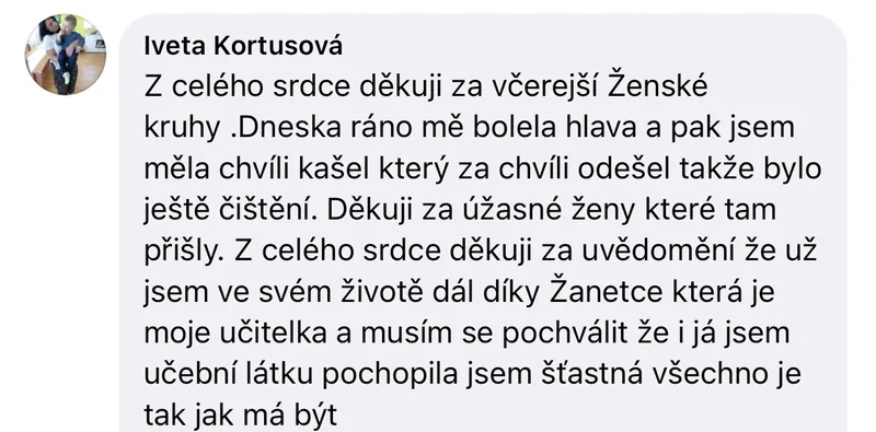 Recenze klientky ženských kruhů – tělesné čištění, bolest hlavy, kašel, posun v životě