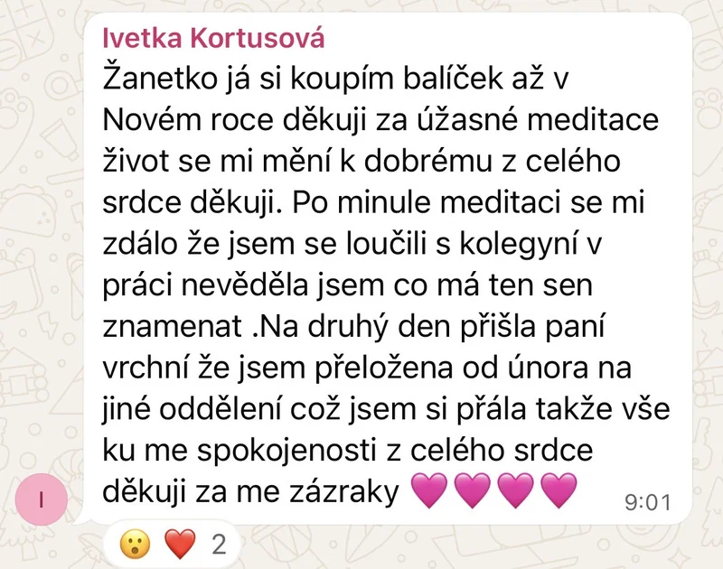 Recenze klientky léčivé meditace – prorocký sen, přeložení v práci, život se mění k dobrému