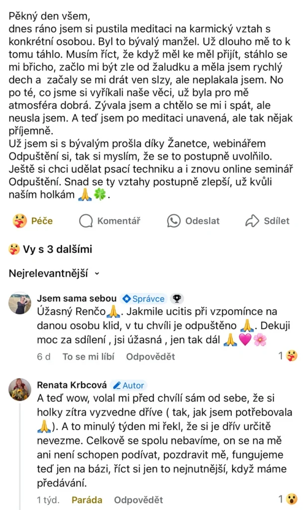 Recenze klientky Online klubu Přepis rodového otisku – karmická meditace, fyzické reakce, postupné uvolnění