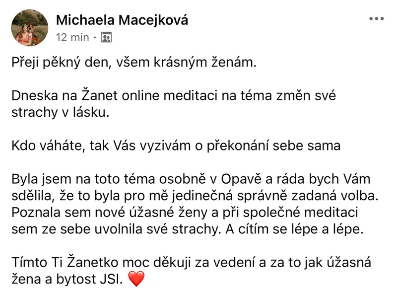 Recenze klientky léčivé meditace – změň své strachy v lásku, osobní setkání v Opavě, uvolnění strachů