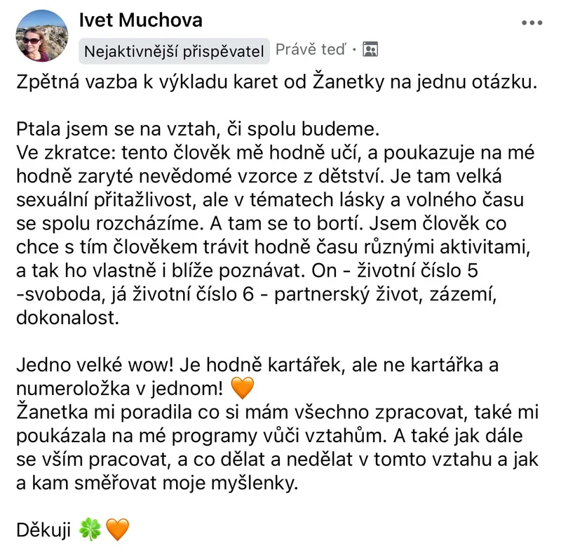 Recenze klientky karmalogického rozboru – výklad karet, vztahová otázka, životní čísla 5 a 6, vzorce z dětství