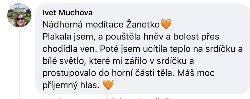 Recenze klientky léčivé meditace – pouštění hněvu chodidly, teplo na srdci, bílé světlo, příjemný hlas