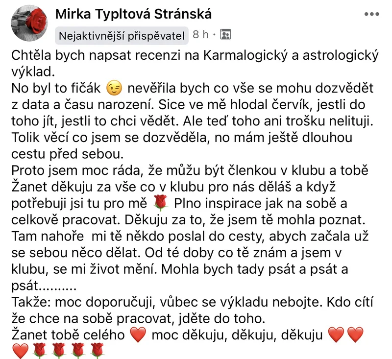 Recenze klientky karmalogického a astrologického výkladu – data a času narození, práce na sobě, změna života