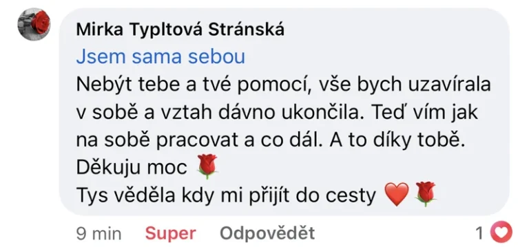 Recenze klientky léčivých meditací – být sama sebou, záchrana partnerského vztahu, podpora v práci na sobě