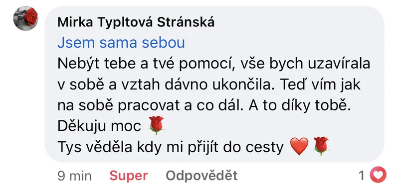 Recenze klientky léčivých meditací – být sama sebou, záchrana partnerského vztahu, podpora v práci na sobě