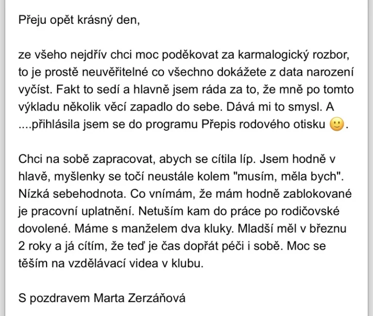 Recenze klientky karmalogického rozboru – datum narození, sebehodnota, pracovní uplatnění, péče o sebe po rodičovské